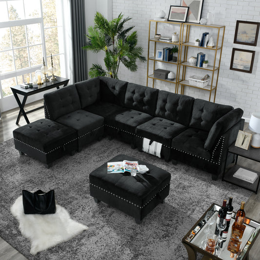 Customizable Black Velvet Sectional Sofa with Storage Space and DIY Assembly