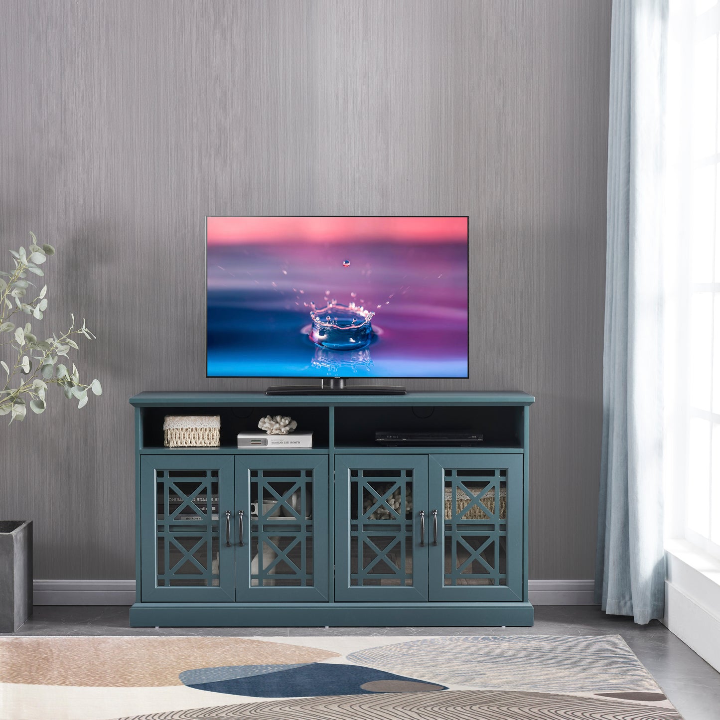 Versatile Teal Entertainment Console with Storage Buffet Cabinet