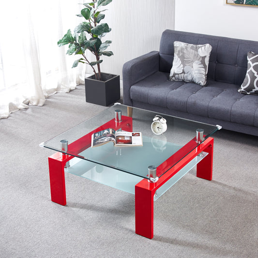 Modern Square Coffee Table with Two-Tier Tempered Glass Top and U-Shaped MDF Legs
