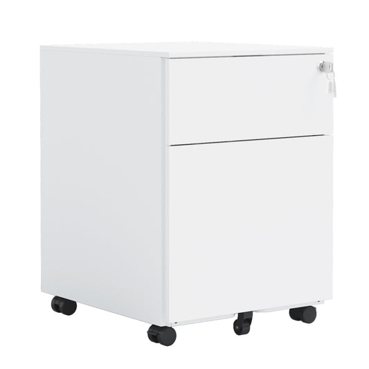 2 Drawer White Steel File Cabinet with Lock and Wheels - Fully Assembled for Home/Office