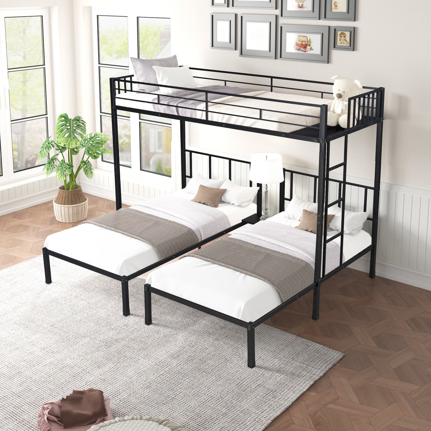 Convertible Metal Triple Bunk Bed - Space-Saving Solution with Noise Reduction