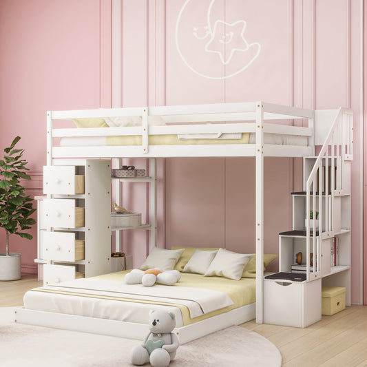 White Twin Over Full Bunk Bed with Storage Stairs & Drawers for Space-Saving Solution