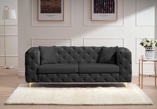 New design comfortable black loveseat with two throw pillows in the same color