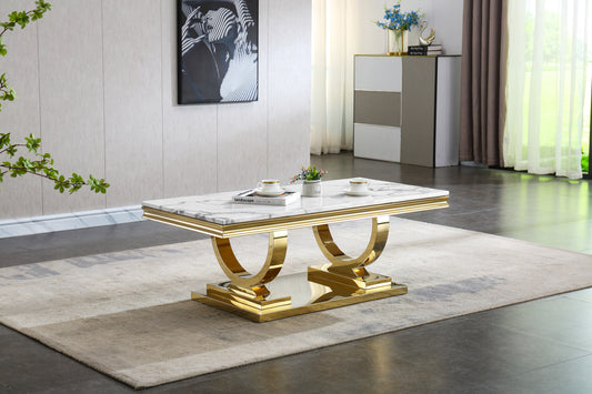 Elegant White Marble Coffee Table with Gold Mirrored Stainless Steel Base