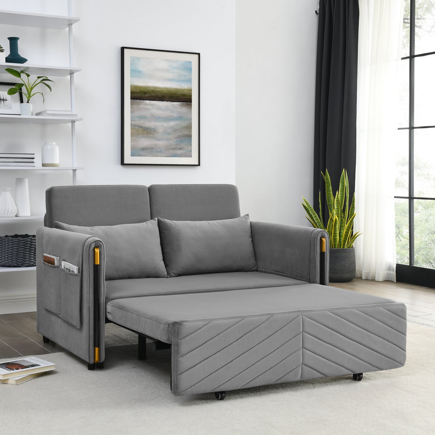 MH 54" Modern Convertible Sofa Bed with 2 Detachable Arm Pockets, Velvet Loveseat Multi-position adjustable Sofa with Pull Out Bed with Bedhead, 2 Pillows and Living Room, Grey