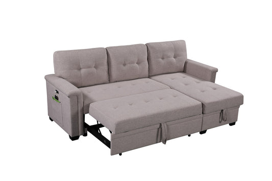 Versatile Light Gray Reversible Sleeper Sectional Sofa with Storage Chaise, USB Charging Ports and Pocket