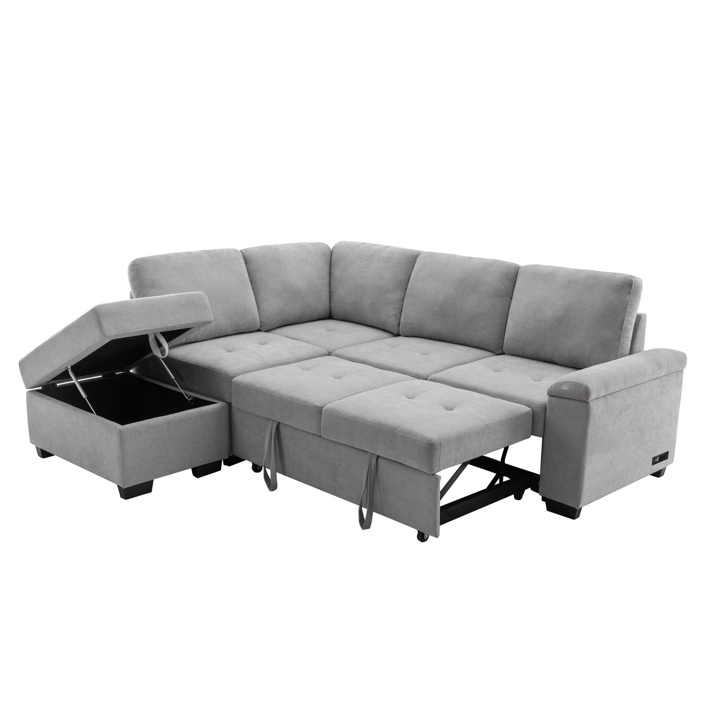 Elegant Gray Sleeper Sectional Sofa with L-Shape Design & Hidden Storage