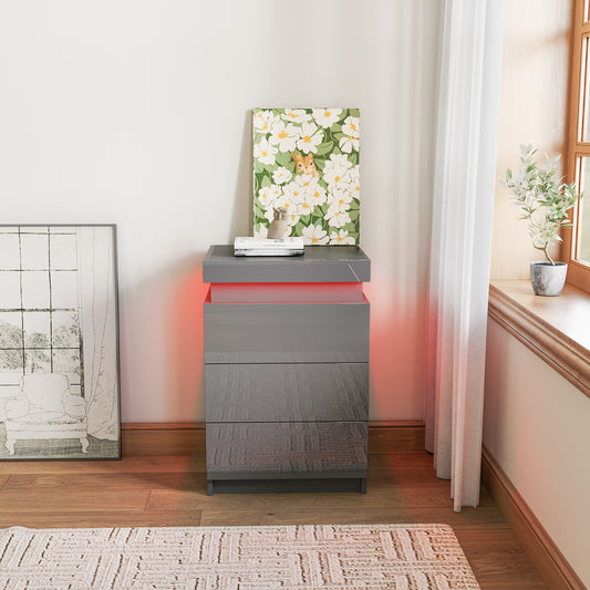 Modern Gray Nightstand with LED Lights and 3 Drawers