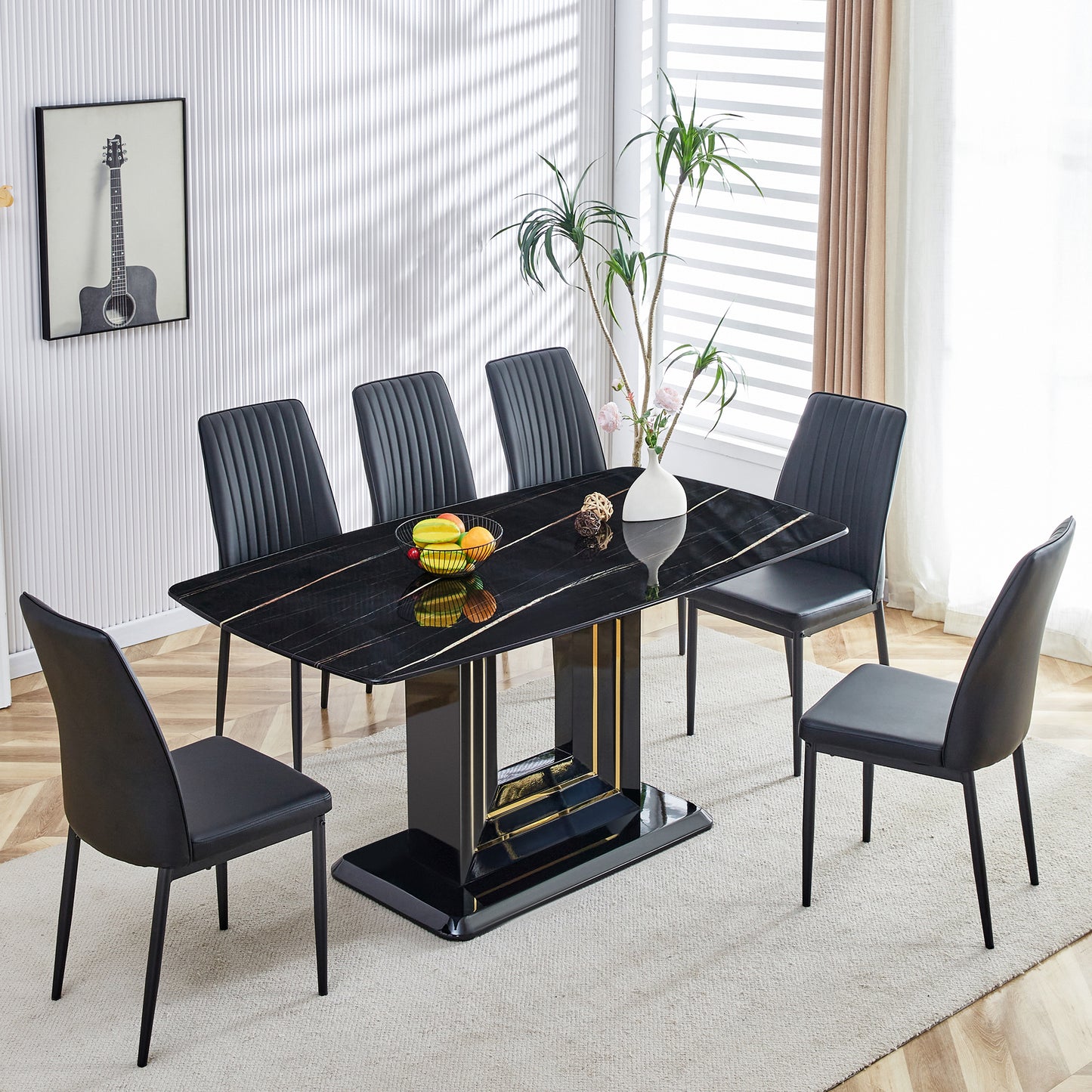 7-Piece Faux Marble Dining Table Set, Glass Rectangular Kitchen Table for 6-8, Modern Black Faux Marble Dining Room Table with MDF Base, Dining Table & 6 Chairs