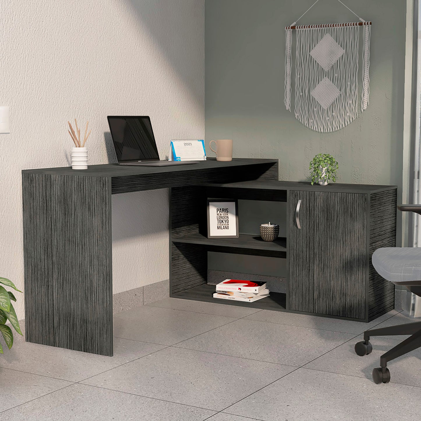 Lyncliff L-Shaped Office Desk with Ample Storage in Smokey Oak