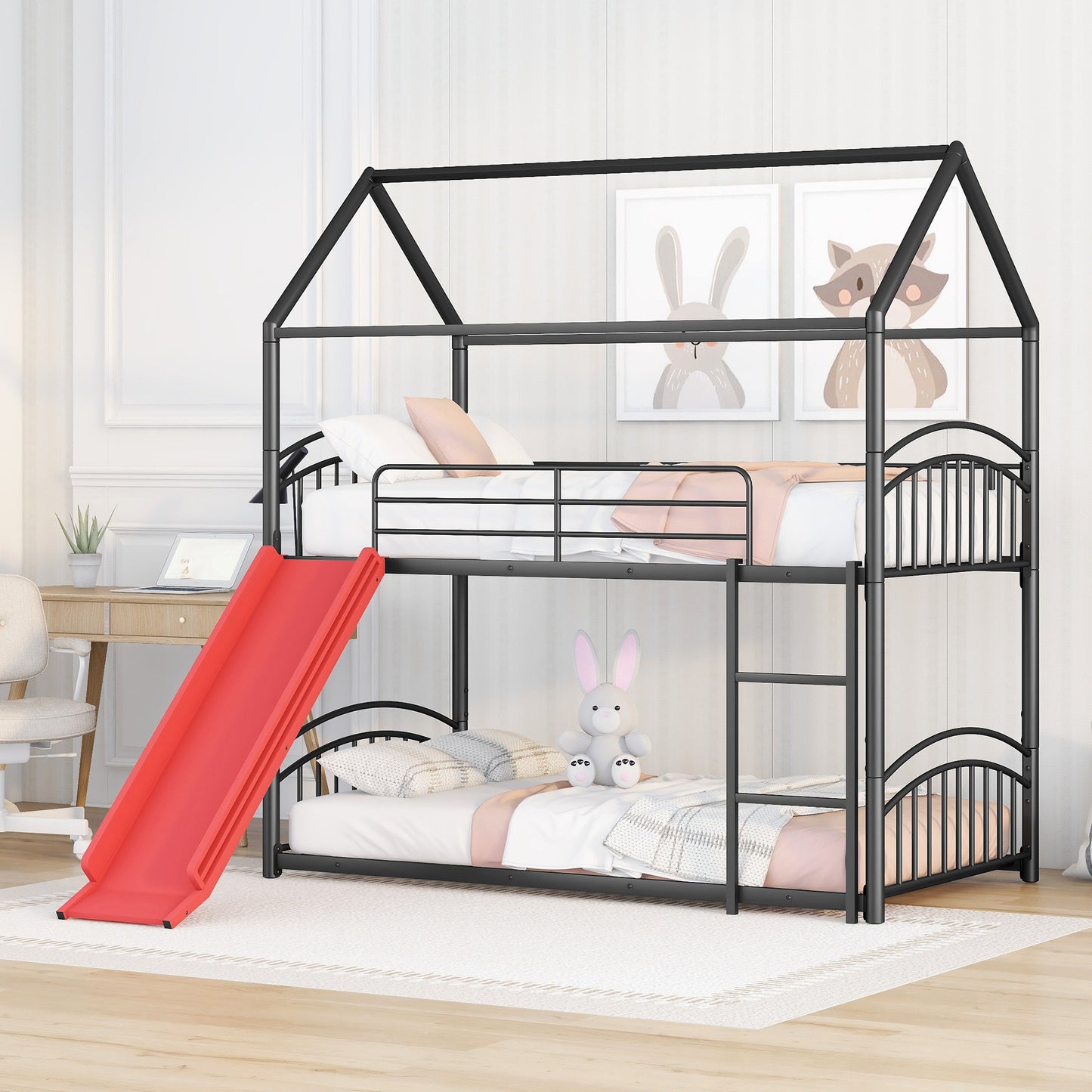 Whimsical Kids Slide Bunk Bed Twin Over Twin Black+Red