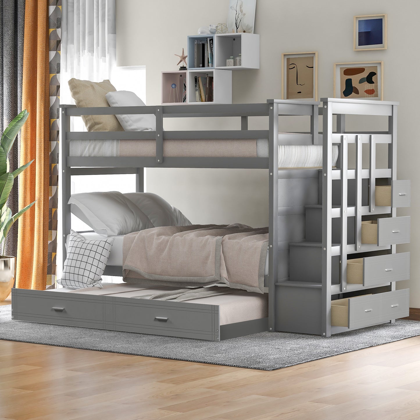 Twin Bunk Bed with Staircase, Trundle, and Storage Drawers in Natural Gray Finish