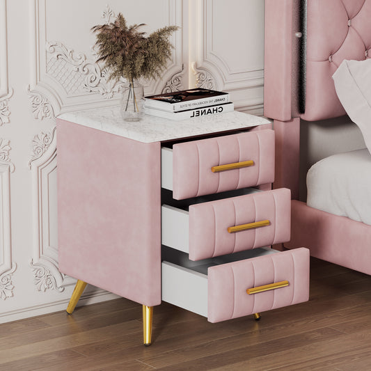 Upholstered Wooden Nightstand with 3 Drawers and Metal Legs&Handles,Fully Assembled Except Legs&Handles,Bedside Table with Marbling Worktop - Pink