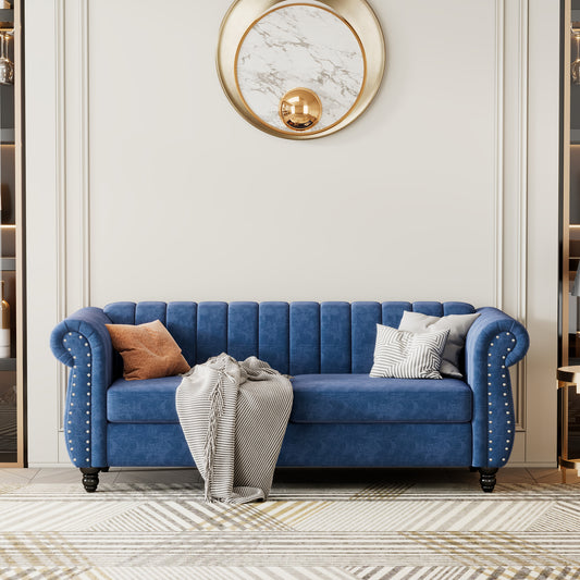 82.5 Contemporary Blue Upholstered Sofa with Buttoned Tufted Backrest