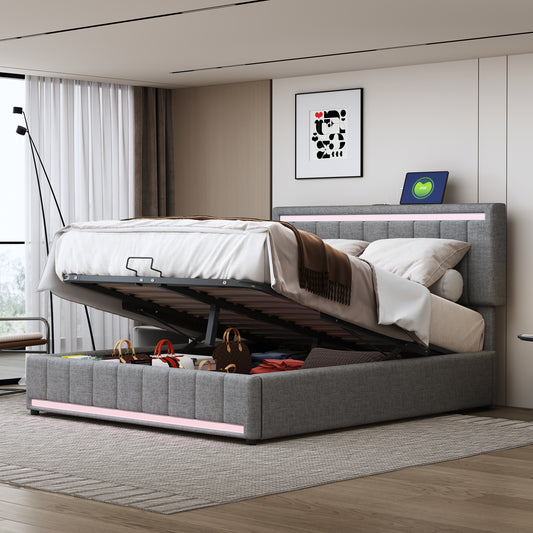 Full Size Upholstered Platform Bed with Hydraulic Storage System, LED Light, and a set of USB Ports and Sockets, Linen Fabric, Gray