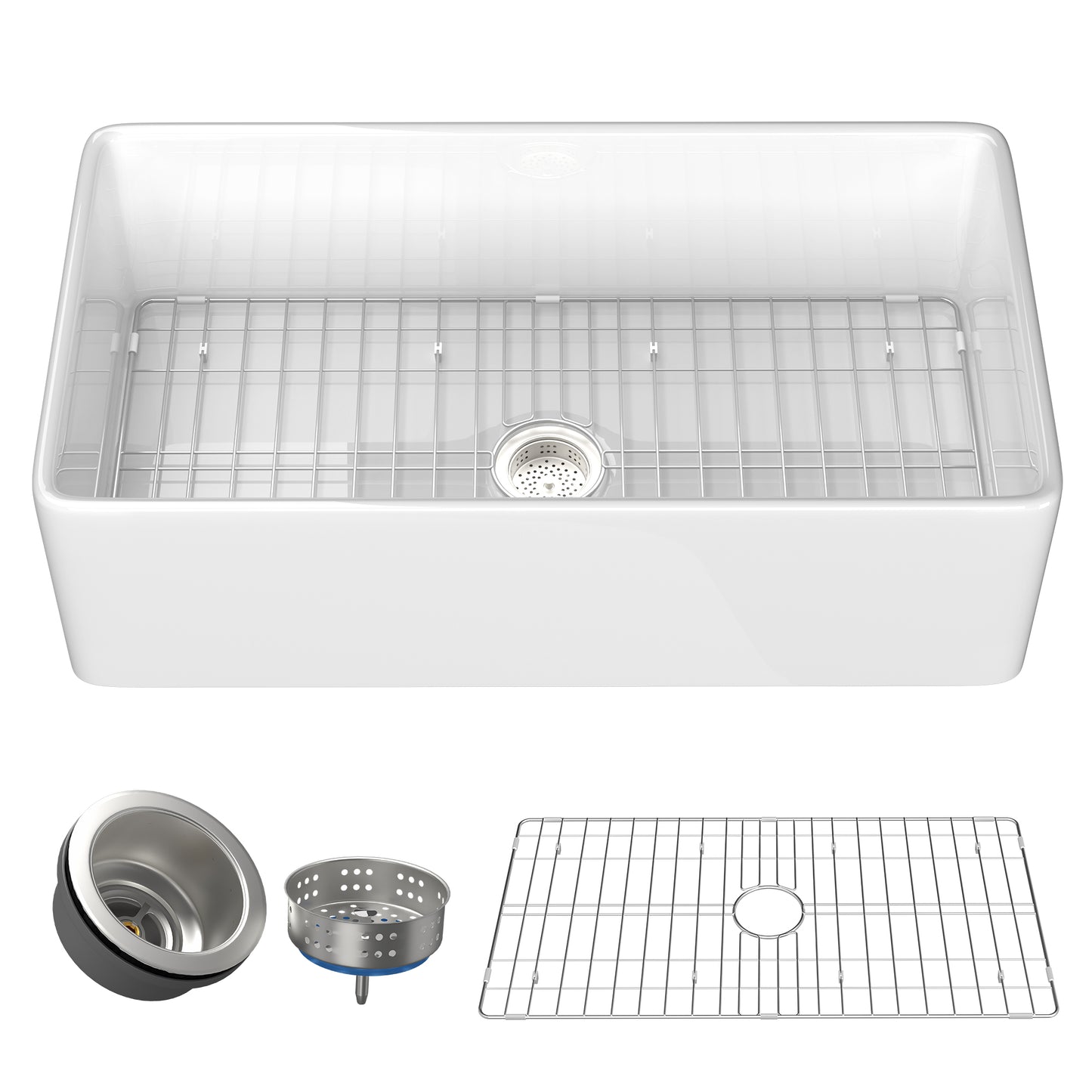 33-Inch White Fireclay Single Bowl Farmhouse Kitchen Sink with Bottom Grid and Drain