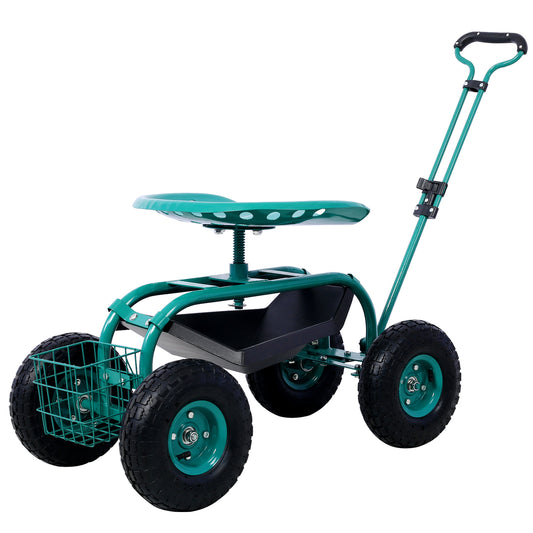 Rolling Garden Scooter Garden Cart Seat with Wheels and Tool Tray, 360 Swivel Seat,Green