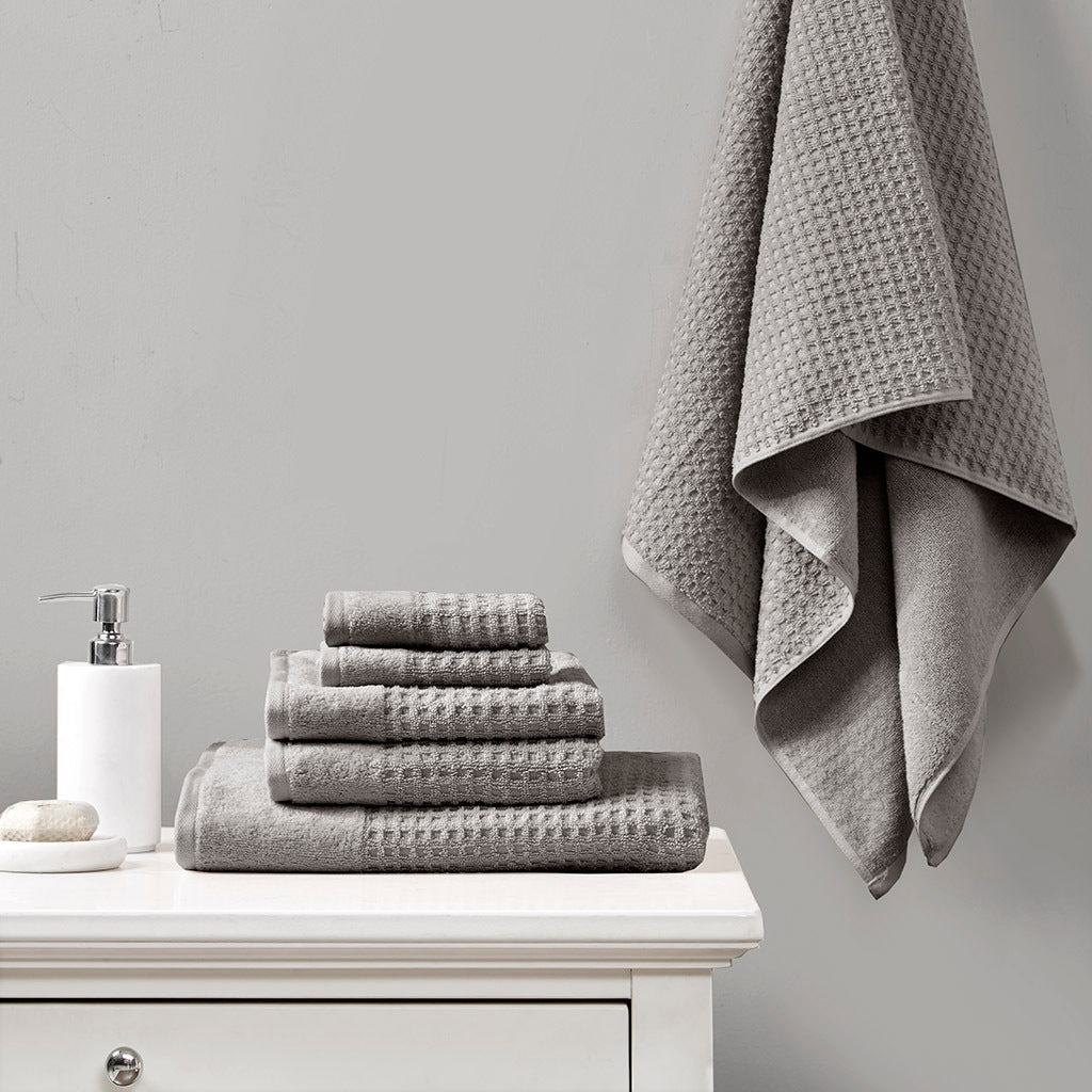 Woven Cotton Jacquard Antimicrobial Bath Towel Set with Velour Cuff - 6 Pieces