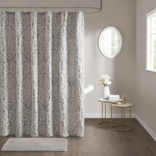 Luxurious Silver Damask Medallion Jacquard Shower Curtain