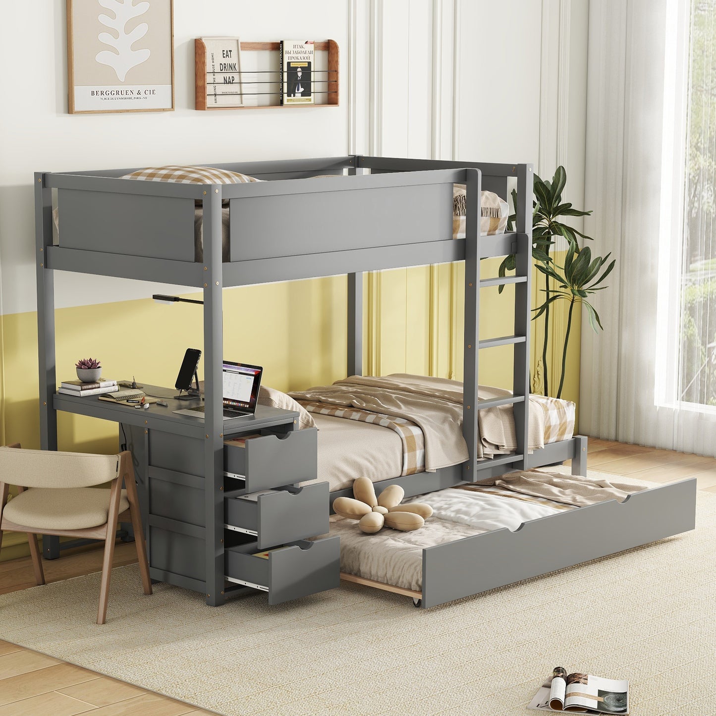 Gray Twin Bunk Bed Set with Trundle, Storage, Desk and USB Ports