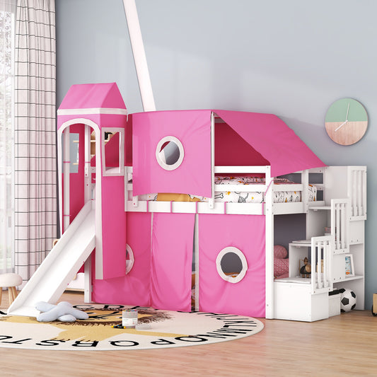 Twin Size Loft Bed with Tent and Tower - Pink