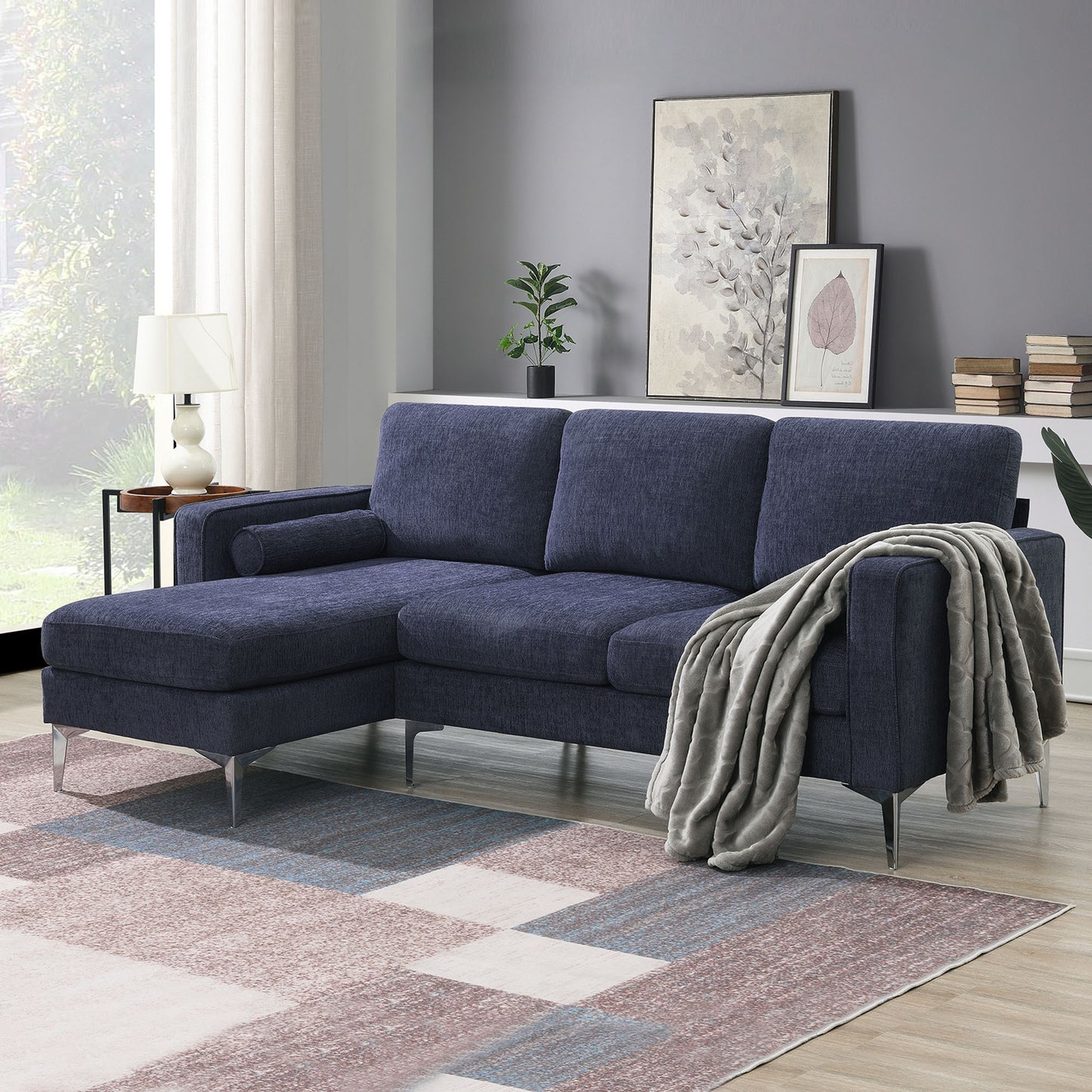 86 Modern Chenille Fabric Convertible Sectional Sofa with Reversible Chaise and 3-Seat Design