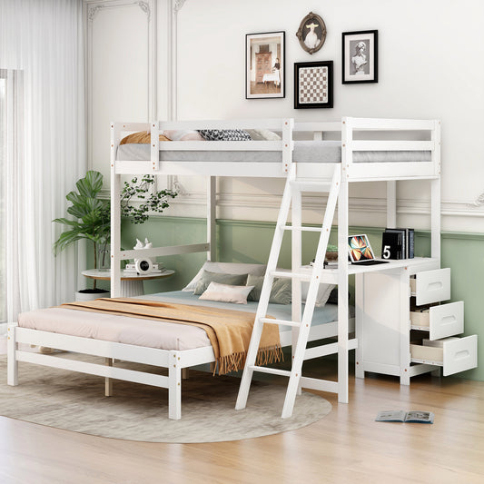 White Loft Bunk Bed with Built-in Desk and Storage