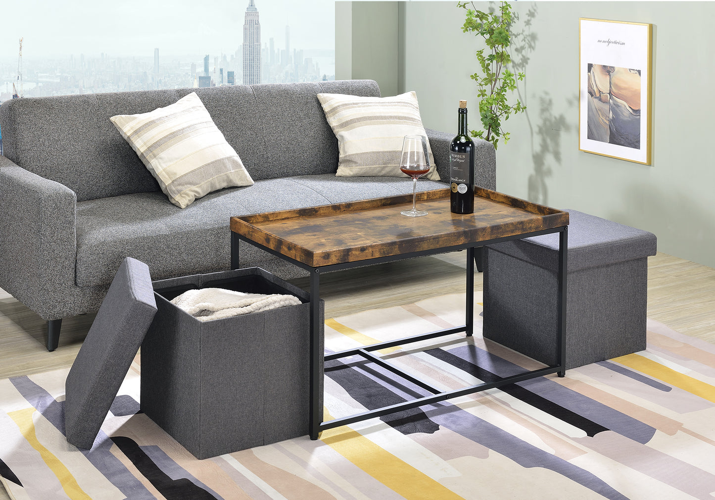 Monty Weathered Oak 3 Piece Coffee Table Set with Raised Edges and Storage Stools