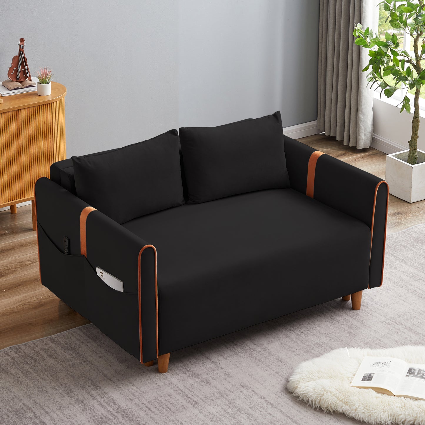 Convertible Comfortable Sleeper Velvet Sofa Couch with Storage for for Living Room Bedroom  Sofabed  Black