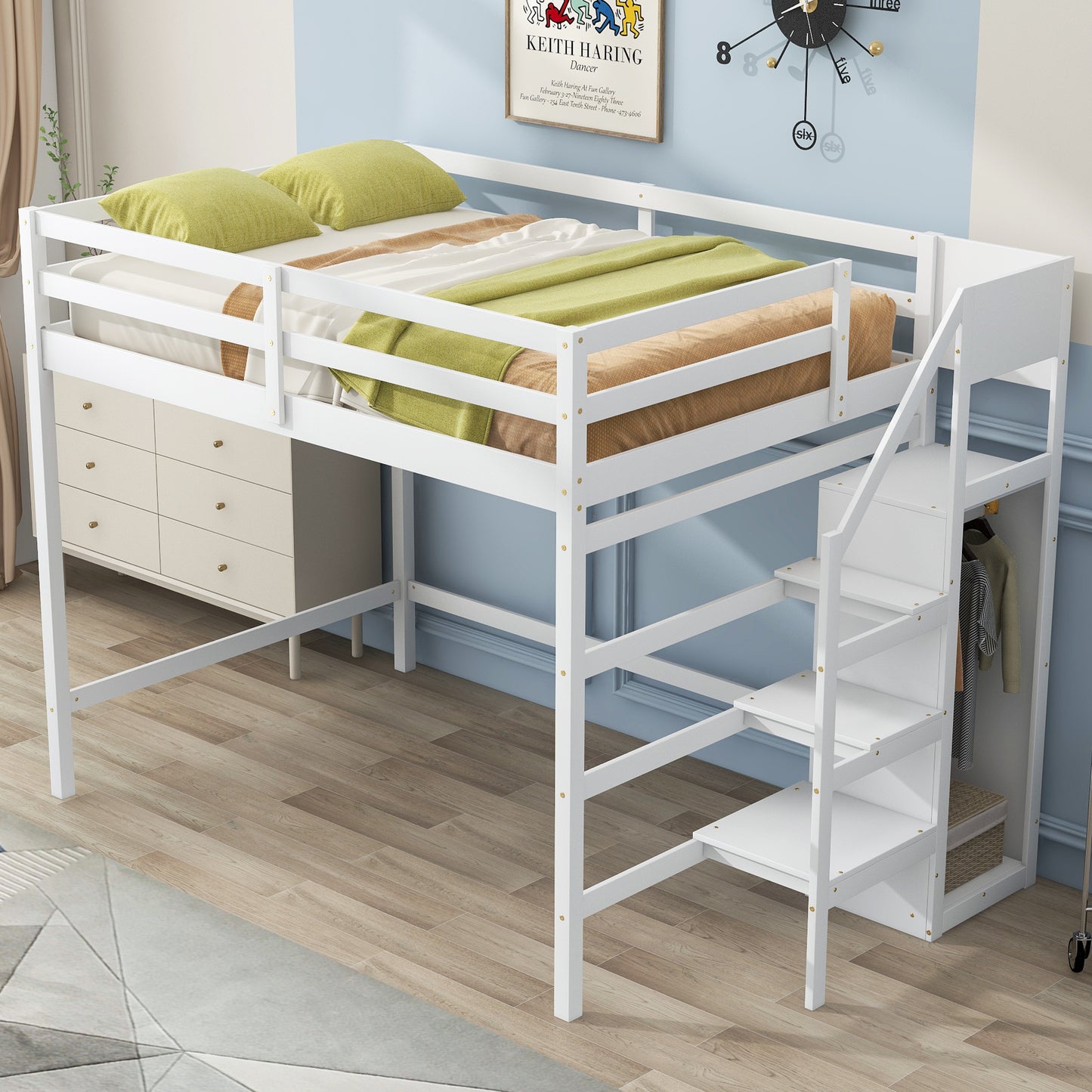 Full Size Loft Bed with Built-in Storage Wardrobe and Staircase, White