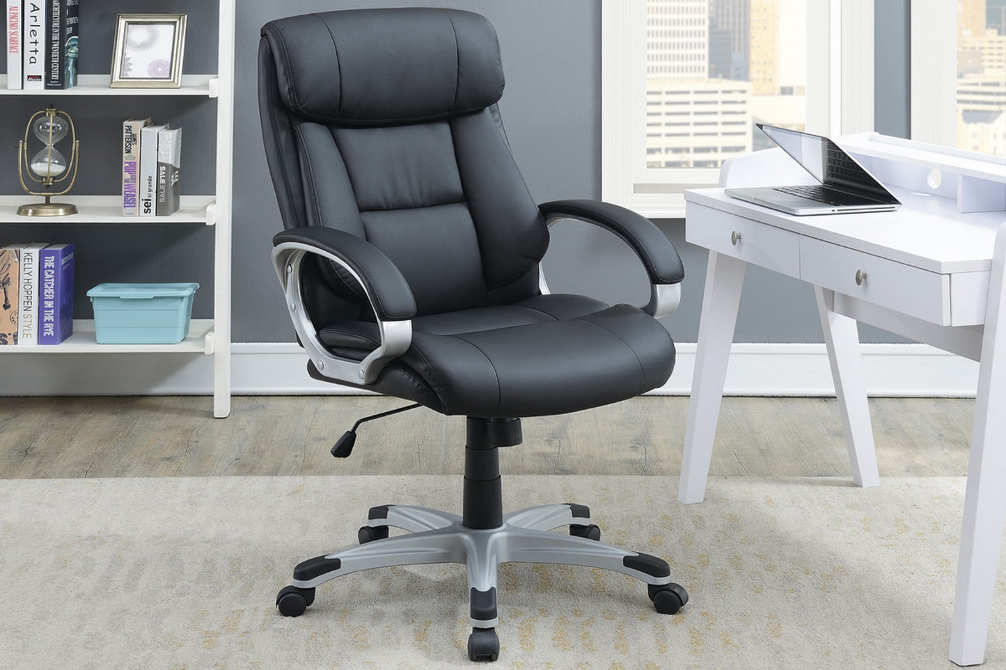 Classic 1pc Office Chair Black Color Cushioned Headrest Adjustable Work Silver Armrest