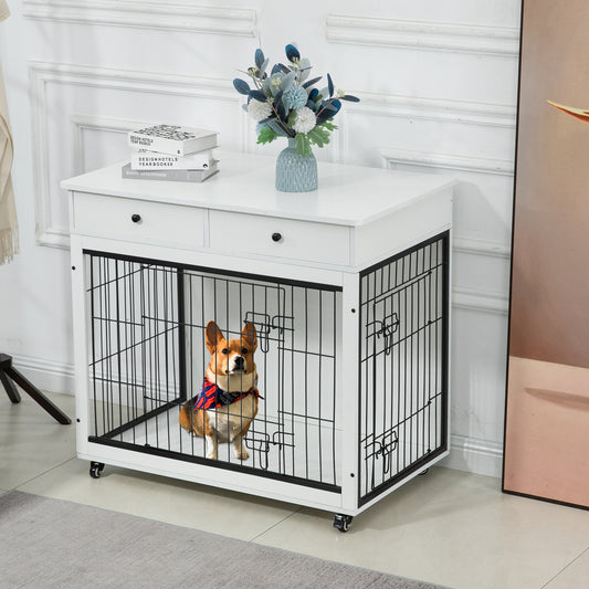 Dog Crate Furniture, Wooden Dog House, Decorative Dog Kennel with Drawer, Indoor Pet Crate End Table for Small Dog, Steel-Tube Dog Cage, Chew-Proof, White 31.7" L×23.2" W×33" H