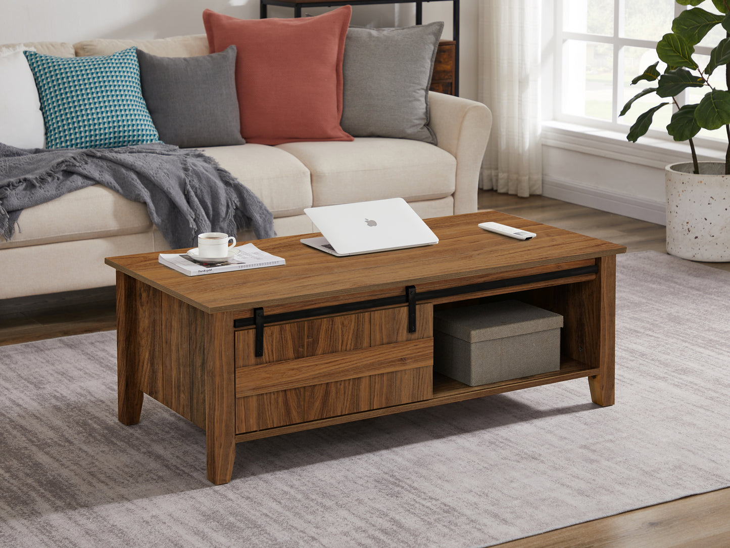 Rustic Walnut Coffee Table with Storage Shelf