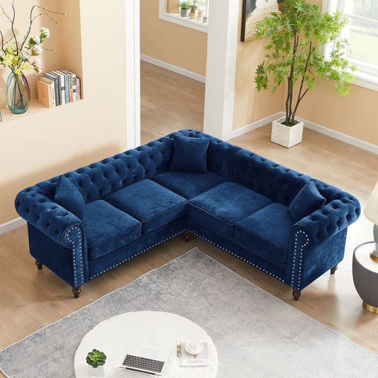 Luxurious Blue Velvet L-shaped Chesterfield Sofa with Deep Button Tufting