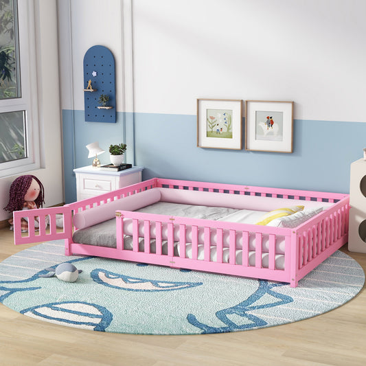 Queen Size Bed Floor Bed with Safety Guardrails and Door for Kids, Pink