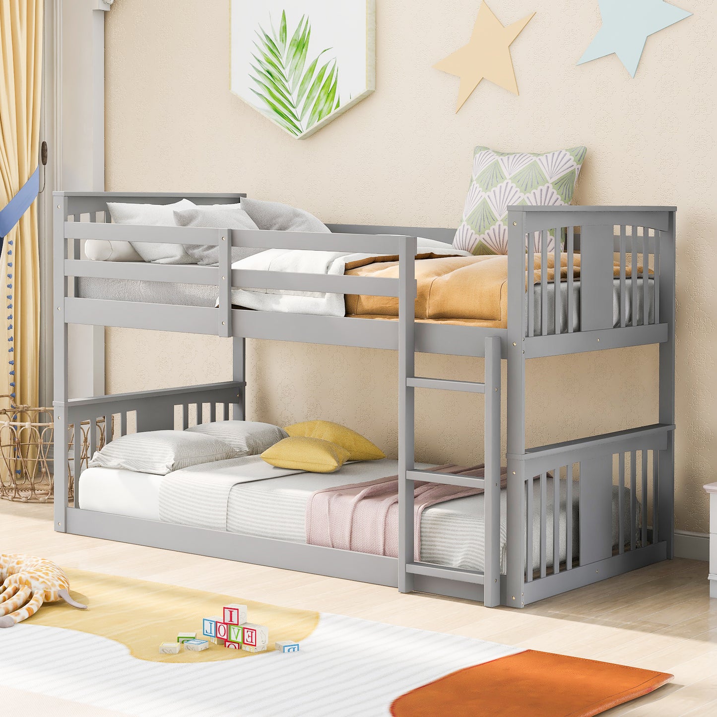 Gray Twin Bunk Bed with Built-in Ladder