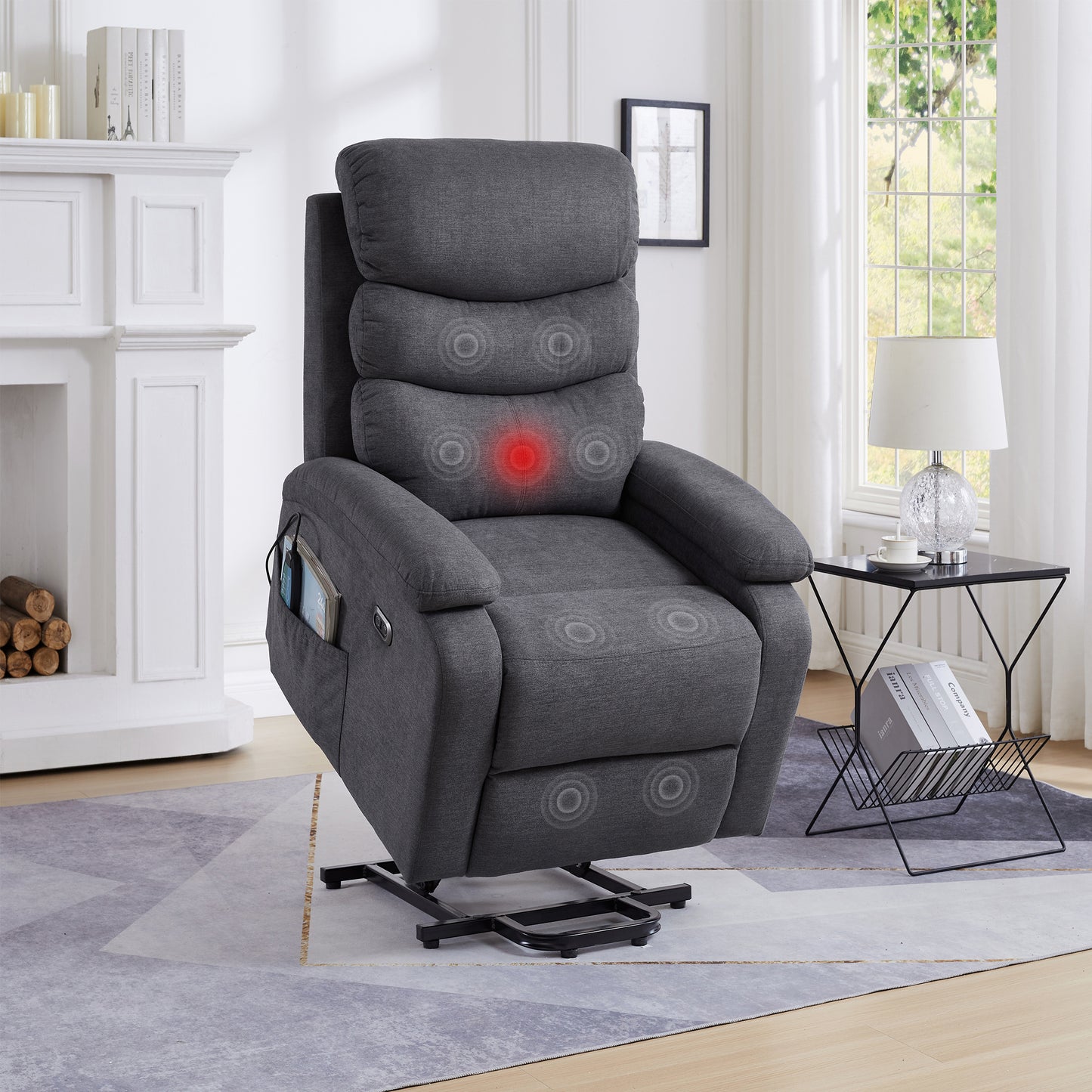 Electric Power Lift Recliner Chair with Massage and Heating - Grey Linen Fabric and USB Port