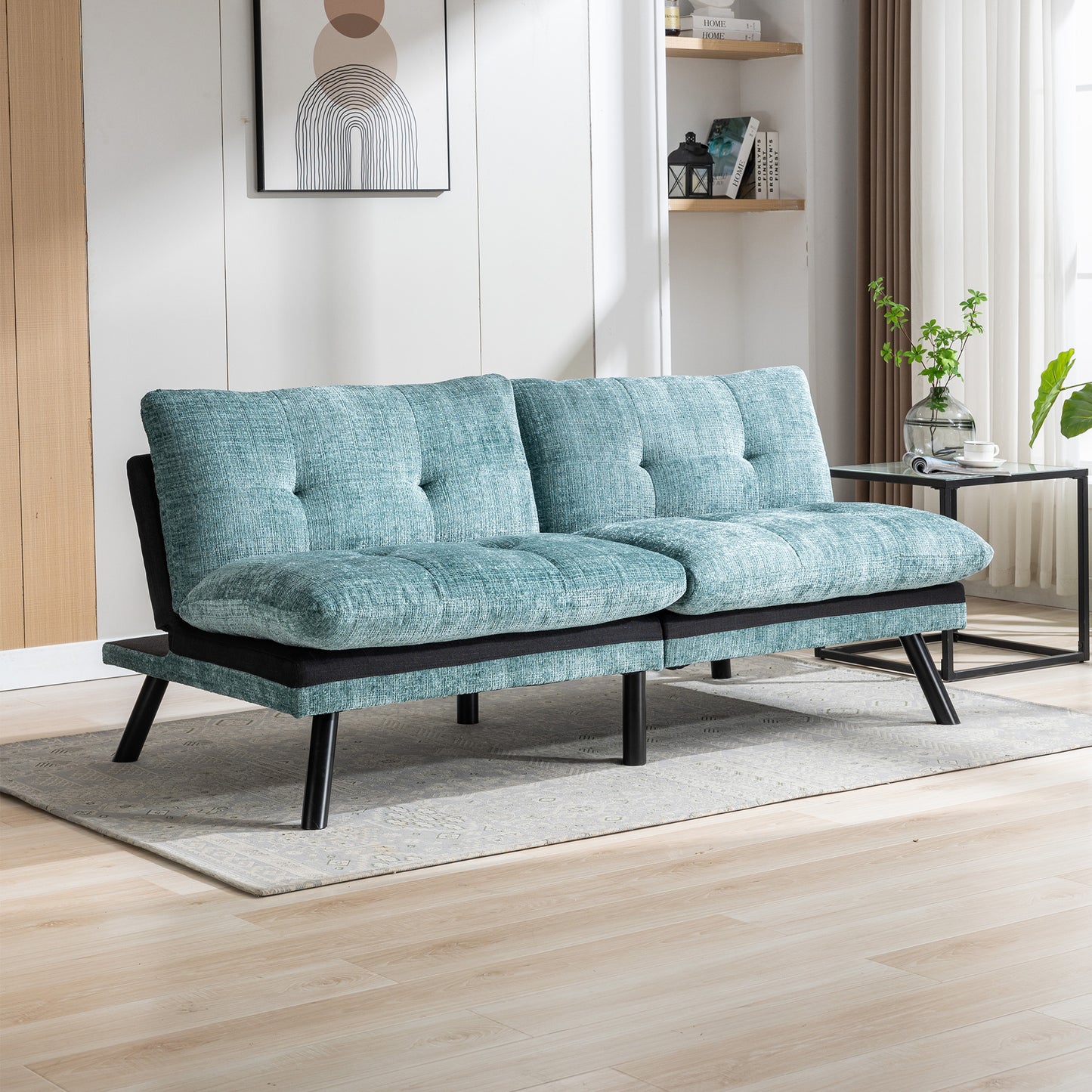 Convertible Sofa Bed  Loveseat Futon Bed Breathable Adjustable Lounge Couch with Metal Legs,Futon Sets for Compact Living Space  Chenille- Mint Green