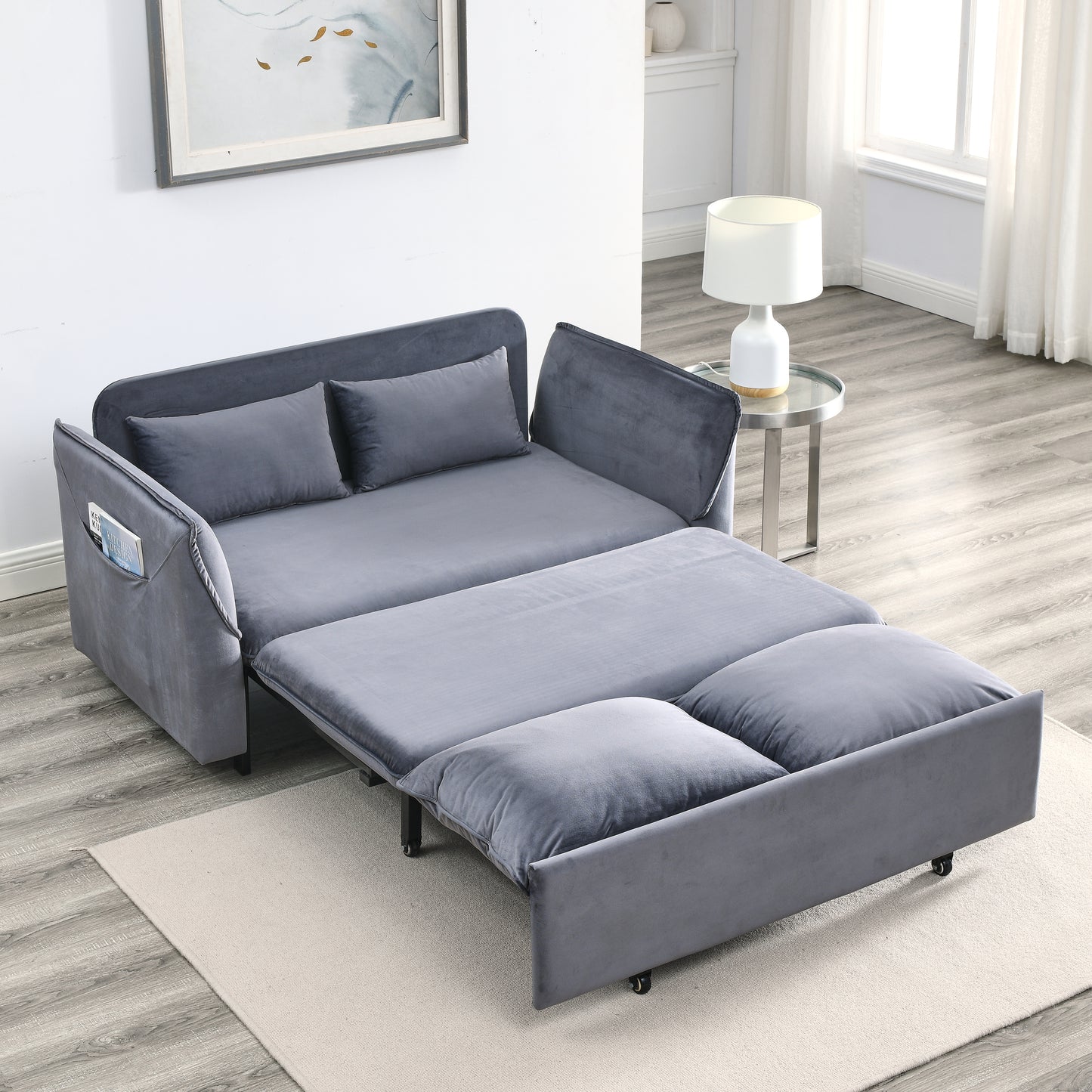 MH 57" Modern Convertible Sofa Bed with 2 Detachable Arm Pockets, Velvet Loveseat Multi-position adjustable Sofa with Pull Out Bed with Bedhead, 2 Pillows and Living Room, Grey