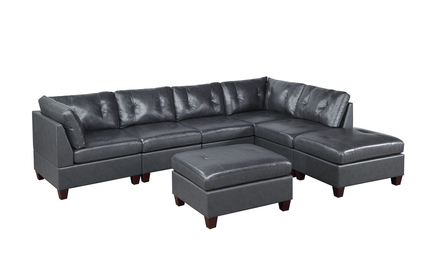 Luxurious Genuine Leather Black Modular Sectional Sofa Set with Ottoman