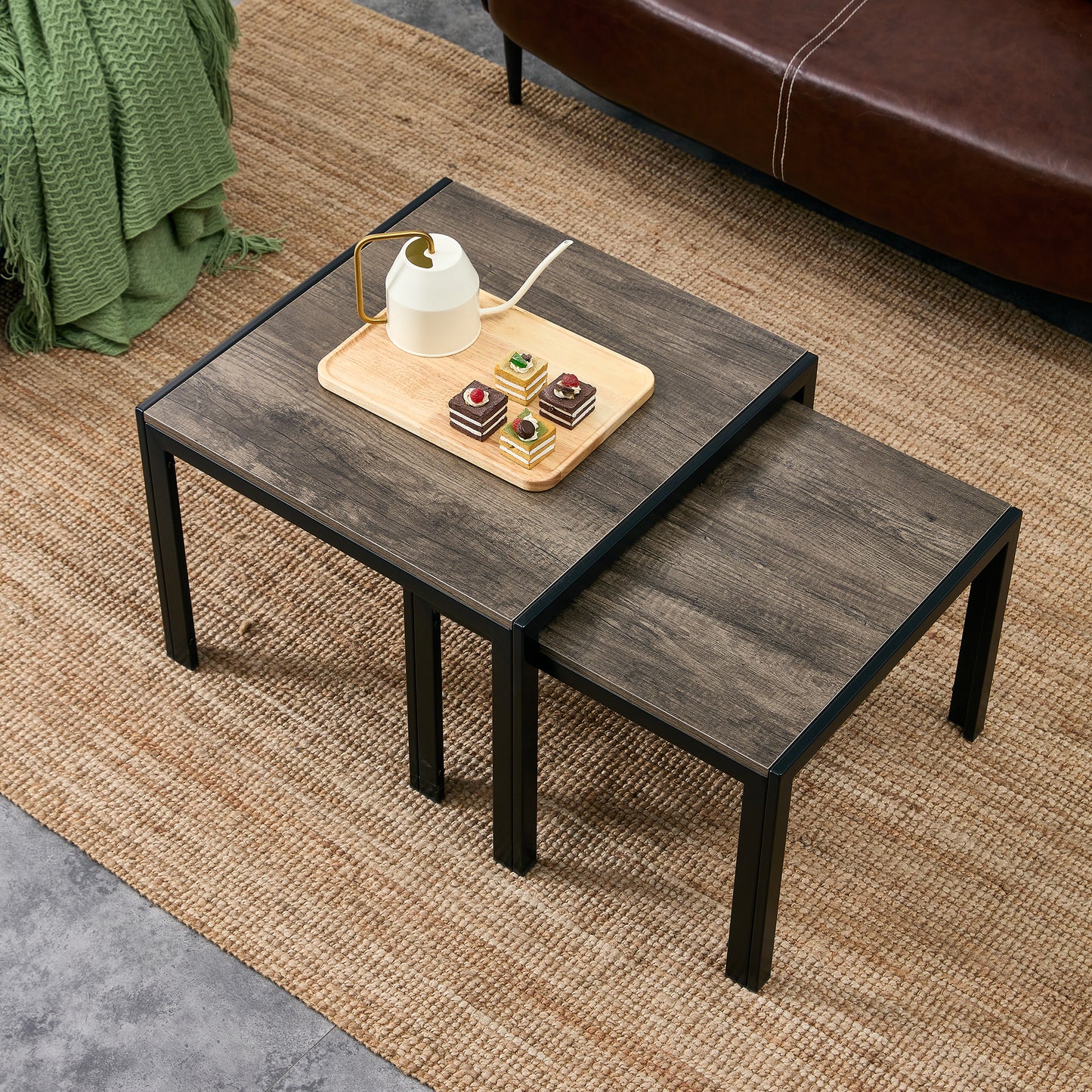 Oak Grey Modern Nesting Coffee Table Set of 2 with Tempered Glass Surface