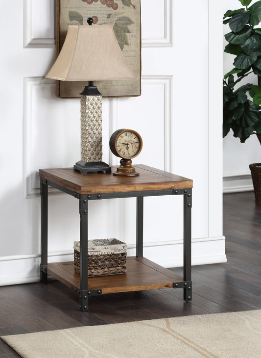 Industrial Style Coffee Table with Antiqued Honey Finish and Black Metal Frame