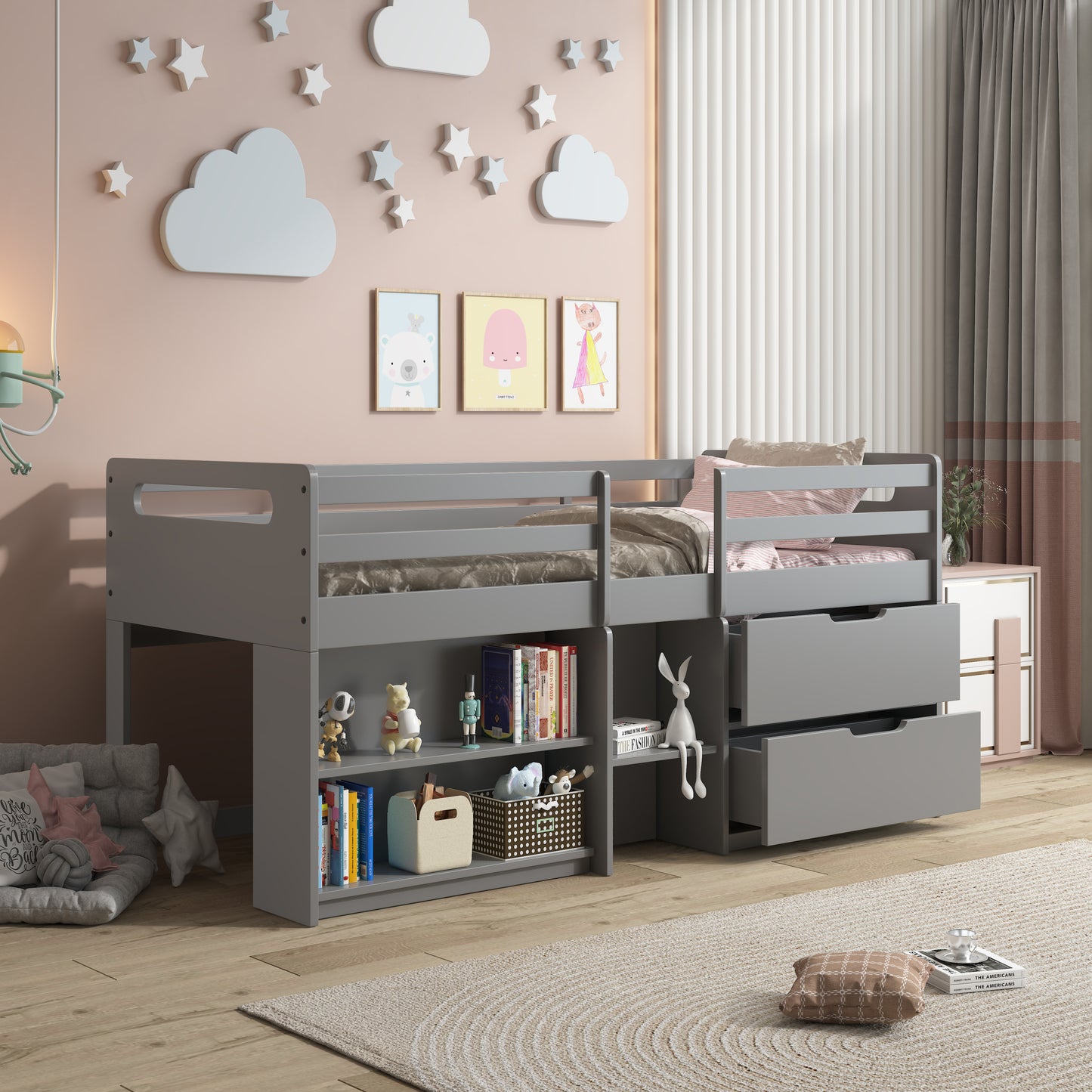 Fabiana Twin Loft Bed w/Storage, Gray Finish BD01375