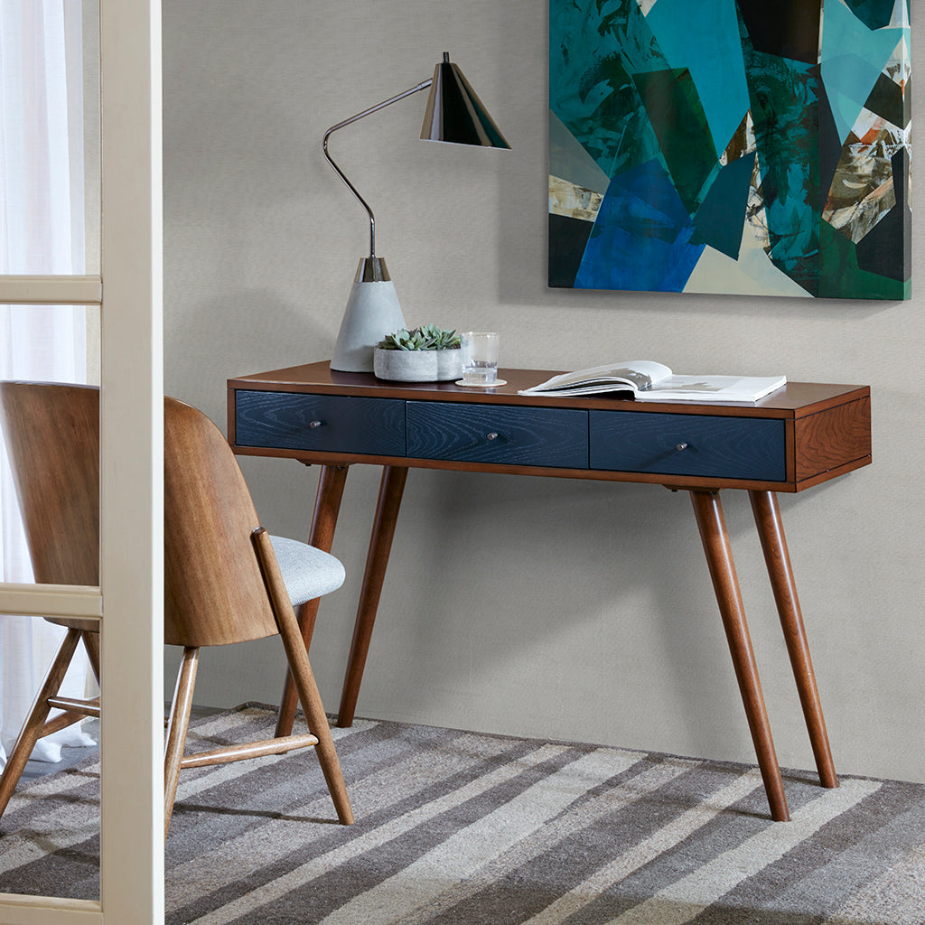 Transitional 3 Drawer Writing Desk in Pecan Finish with Navy Accents