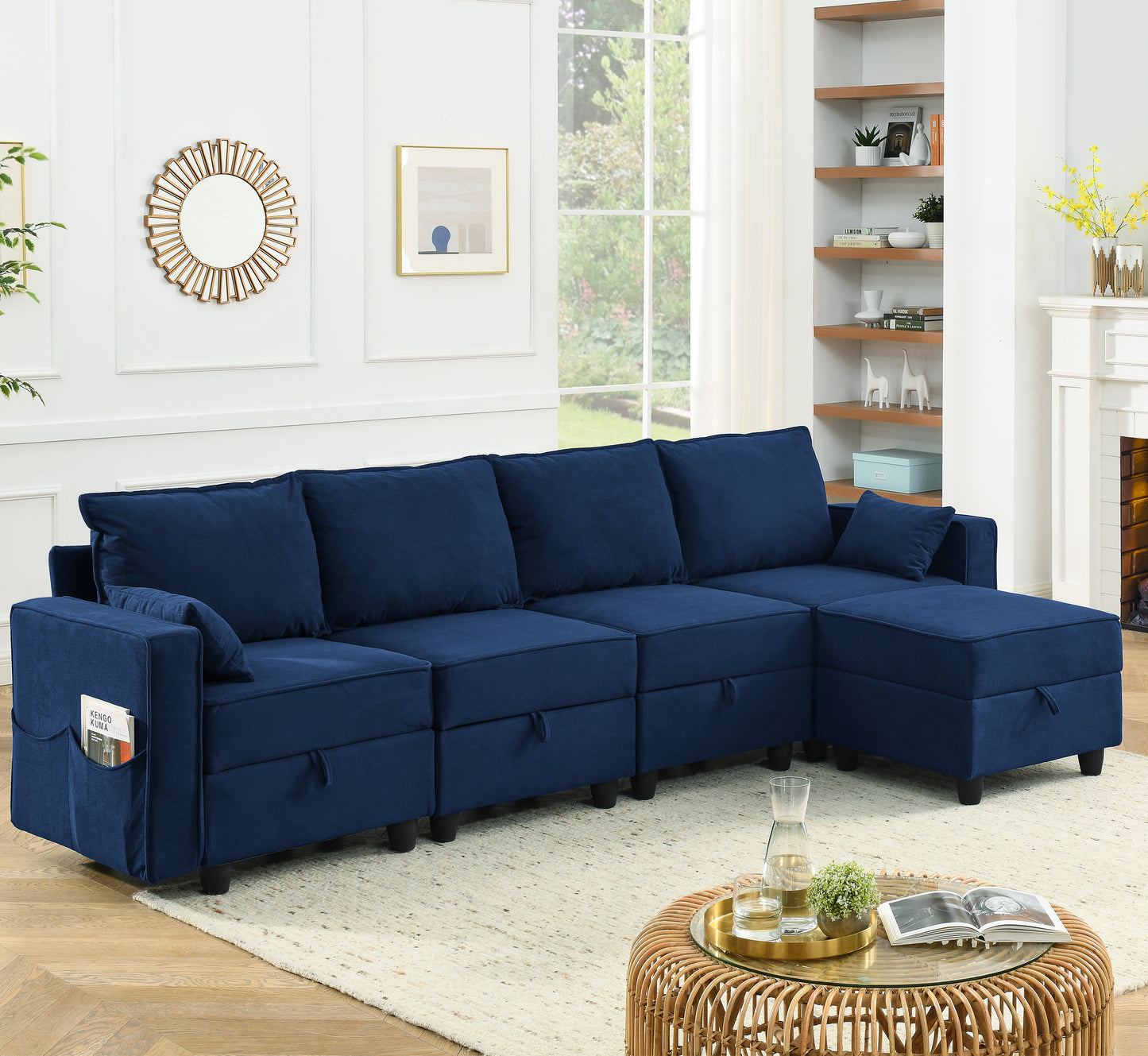 Luxurious Navy Blue Corduroy Velvet Modular Sectional Sofa With Storage Seats