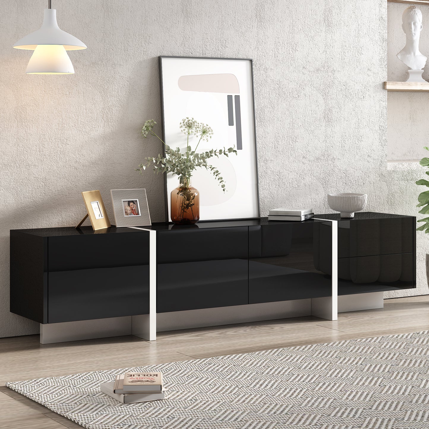 Contemporary High Gloss Black and White TV Stand with Ample Storage for TVs Up To 80