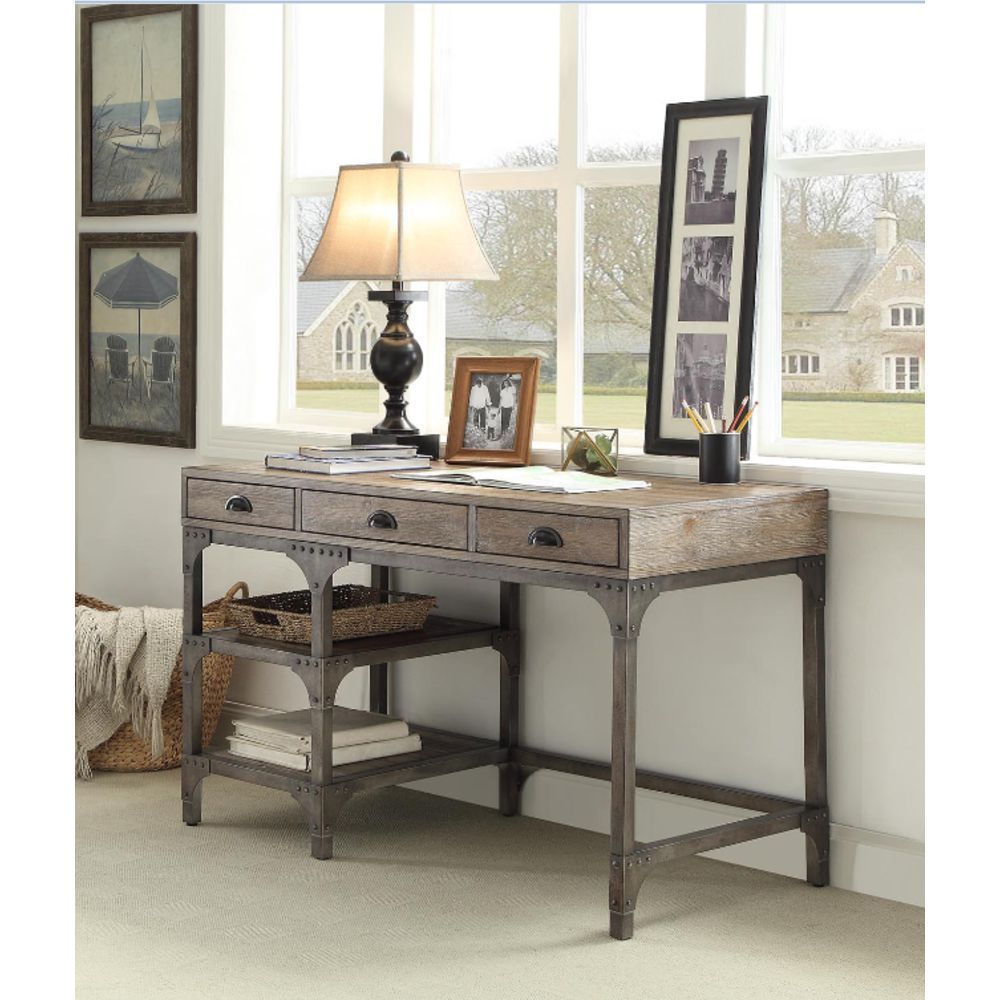 Ample Storage Industrial Desk in Weathered Oak and Antique Silver