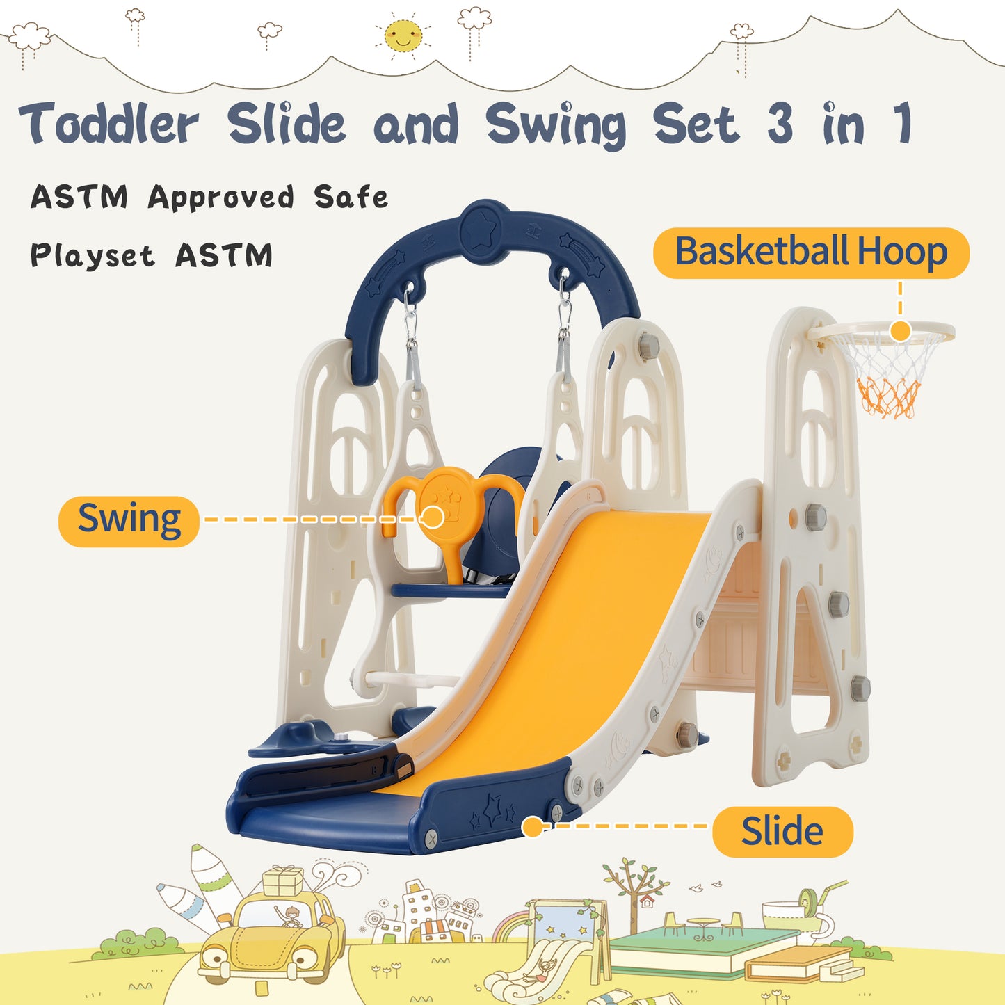 3-in-1 Toddler Slide and Swing Set with Basketball Hoop and Alphabet Themed Slide