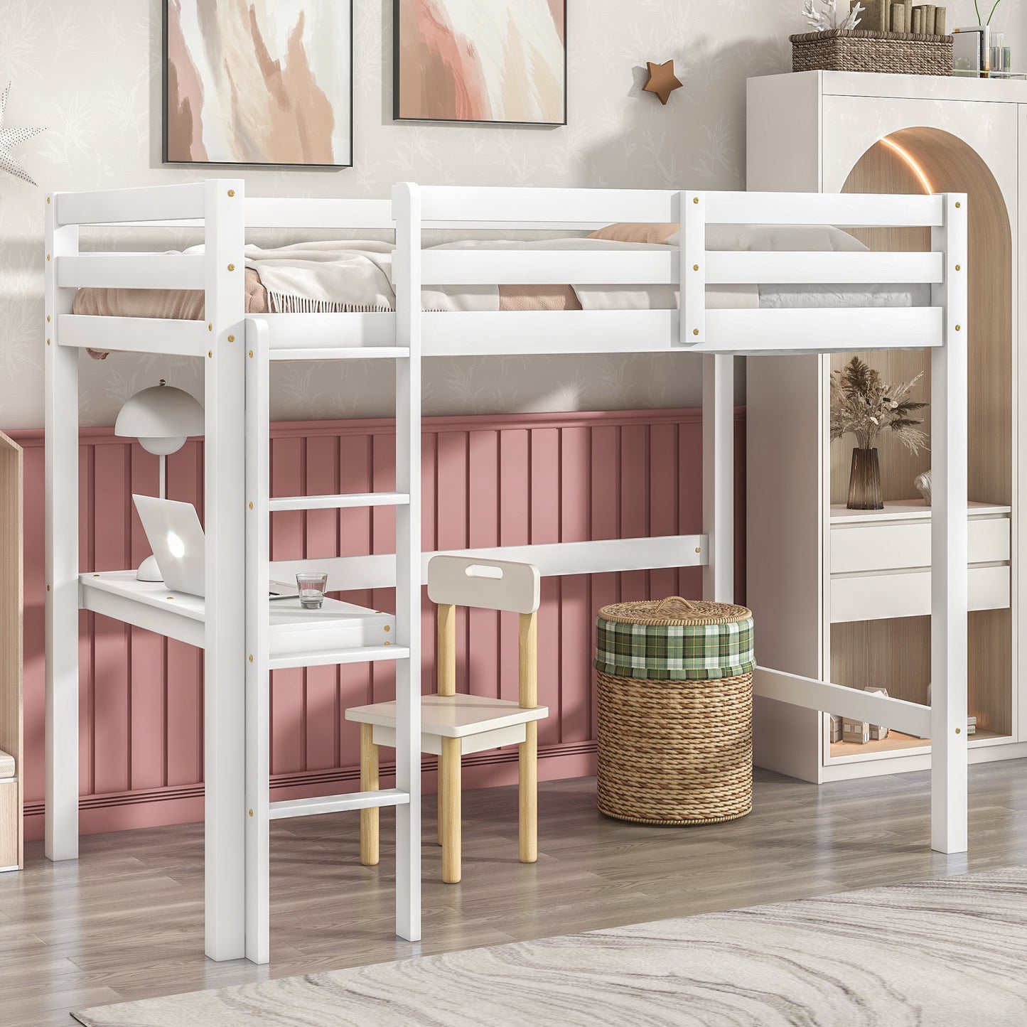 Twin Loft Bed with  built-in desk,White