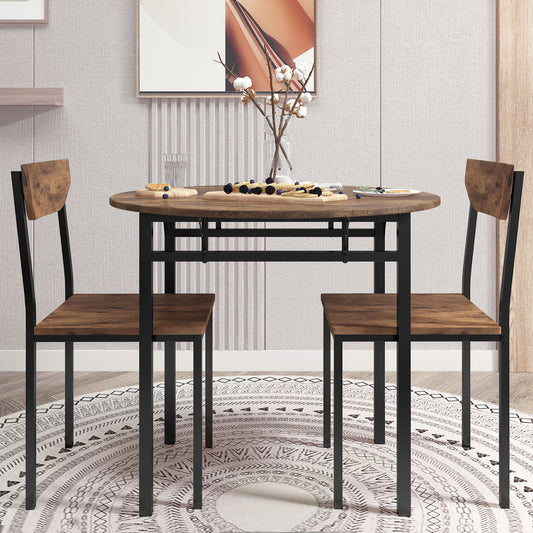 Modern 3-Piece Round Dining Table Set with Drop Leaf and 2 Chairs for Small Places,Black Frame+Rustic Brown Finish